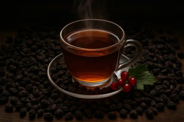 Yapay zeka, ahşap yüzeyde sunulan cam bardakta sunulan kurutulmuş kuru üzümlerden yapılan sıcak bitkisel çayın buharlı ve klasik ışıklandırma havasında fotoğrafını üretti.