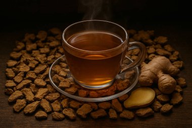 Kurutulmuş zencefil dilimlerine serpilmiş taze kök garnitürlü ve huysuz hafif atmosferli cam bardakta sunulan sıcak zencefil çayının yapay zeka tarafından çekilmiş bir fotoğrafı.