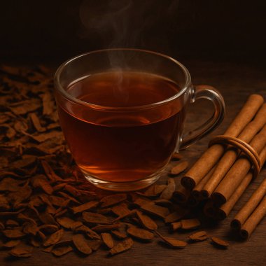 Yapay zeka, şeffaf cam bardakta sıcak tarçın çayı, kurumuş kabuk ve ahşap masa üzerinde taze çubuklar, klasik karamsar ışıklandırmanın altında doğal sağlık ve dolaşım faydalarını sembolize ediyor.