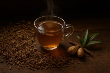 Yapay zeka kurumuş ve taze kalamar köklerinden elde edilen bitkisel çayı kırsal ahşap yüzeyine yerleştirilmiş temiz bir bardak içinde üretti ve doğal idrar söktürücü faydalar için klasik ışık altında sıcak buhar yükseldi.