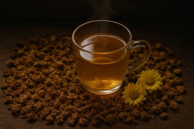 Yapay zeka, taze ve kurumuş çiçeklerle çevrili cam bardakta sıcak bir krizantez içinde sıcak bir bitki çayı görüntüsü oluşturdu.