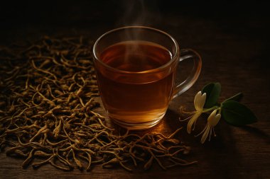 Buğulanmış hanımeli bitkisel çayının ahşap bir yüzeyde kurumuş çiçekler ve düşük kaliteli hafif atmosferde taze hanımeli süslemesi ile berrak bir cam fincanda görüntüsünü oluşturdu.