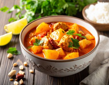 AI aromatik Tayland masajı körisi, süslü seramik kasede servis edilir. Patates, soğan ve kavrulmuş fıstık gibi taze malzemeler, sıcak hindistan cevizi soslu buharda pişer.