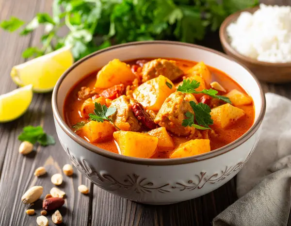 AI aromatik Tayland masajı körisi, süslü seramik kasede servis edilir. Patates, soğan ve kavrulmuş fıstık gibi taze malzemeler, sıcak hindistan cevizi soslu buharda pişer.