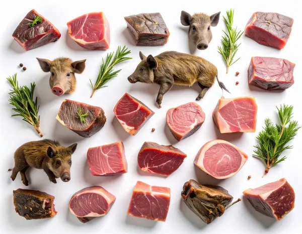 Yapay zeka, temiz beyaz uzaya karşı sanatsal olarak canlı doğal renkler sergileyen çeşitli kesiklerden kesilmiş özel taze yaban domuzu eti görüntüsü üretti.