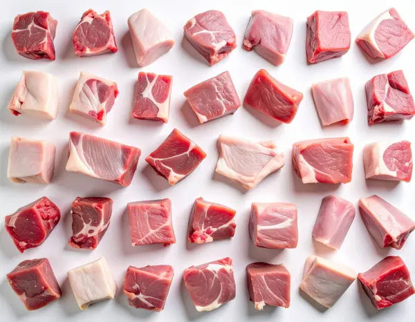 Yapay zeka, çeşitli kesiklerden kesilmiş taze çiğ keçi etinin üst görüntüsünü oluşturdu. Temiz beyaz arka plana karşı doğal rengi ve dokuyu düzgünce sergiledi.