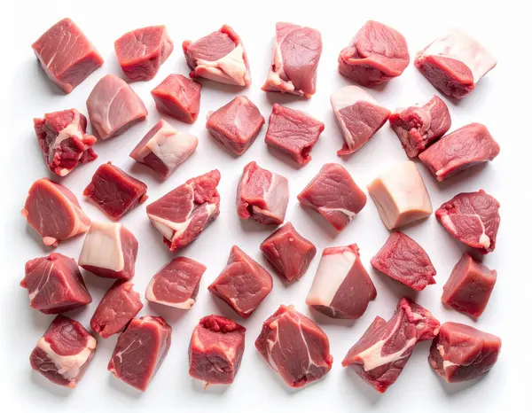 Yapay zeka, çeşitli kesiklerden kesilmiş taze çiğ keçi etinin üst görüntüsünü oluşturdu. Temiz beyaz arka plana karşı doğal rengi ve dokuyu düzgünce sergiledi.