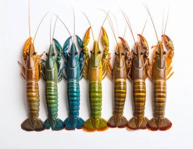 Yapay zeka, canlı çizgili kabuklu taze peygamber devesi karidesi ve temiz beyaz arka plana karşı düzgünce düzenlenmiş egzotik deniz ürünleri sergiliyordu.