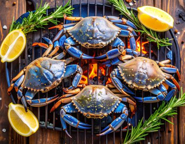 Yapay zeka, mangal kömürü üzerine ızgara yapılmış taze mavi yengeçleri, dumanlı aroması ve sulu etiyle mükemmel pişirilmiş taze bir görüntü oluşturdu. Tuz ve karabiberle tatlandırılmış, biberiye ve limonla süslenmiş..