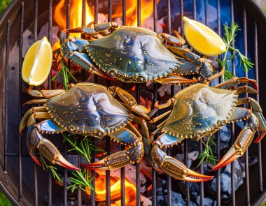 Yapay zeka, mangal kömürü üzerine ızgara yapılmış taze mavi yengeçleri, dumanlı aroması ve sulu etiyle mükemmel pişirilmiş taze bir görüntü oluşturdu. Tuz ve karabiberle tatlandırılmış, biberiye ve limonla süslenmiş..
