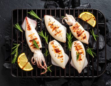 Yapay zeka kömürün üzerinde ızgara yapılmış taze mürekkep balığının üst görüntüsünü oluşturdu. Yumuşak dokular ve aromatik dumanla mükemmel pişirildi. Tuz ve karabiber ile tatlandırılmış, biberiye filizi ile süslenmiş.