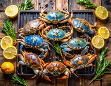 Yapay zeka, mangal kömürü üzerine ızgara yapılmış taze mavi yengeçleri, dumanlı aroması ve sulu etiyle mükemmel pişirilmiş taze bir görüntü oluşturdu. Tuz ve karabiberle tatlandırılmış, biberiye ve limonla süslenmiş..
