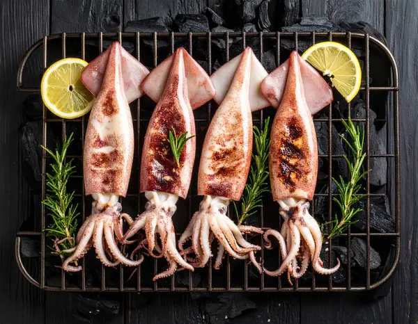 Yapay zeka kömürün üzerinde ızgara yapılmış taze kalamar manzarası yarattı. Yumuşak dokular ve hafif dumanlı aromayla mükemmel pişirildi. Tuz ve karabiber ile tatlandırılmış, biberiye filizi ile süslenmiş.