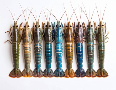 Yapay zeka, canlı çizgili kabuklu taze peygamber devesi karidesi ve temiz beyaz arka plana karşı düzgünce düzenlenmiş egzotik deniz ürünleri sergiliyordu.