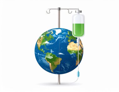 Yapay zeka, çevresel bakım kavramını sembolize eden tıbbi serum ve tüp ile gerçekçi bir dünya yarattı. Beyaz arka plan iklim değişikliği, dünya sağlık hizmetleri metaforu.