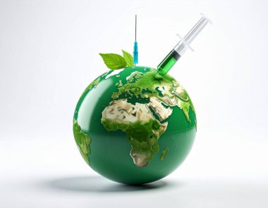 Çevresel iyileştirme ve koruma kavramını sembolize eden yeşil sıvı şırıngalı gerçekçi bir küre üretti.