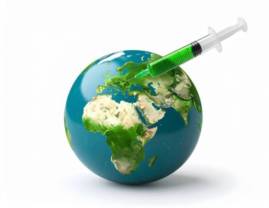 Çevresel iyileştirme ve koruma kavramını sembolize eden yeşil sıvı şırıngalı gerçekçi bir küre üretti.