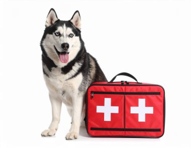 AI, acil durum yastıklarına sahip mutlu Sibirya köpekleri üretti. Bu, evcil hayvan acil bakımını ve hayat kurtaran veteriner tedavi kavramını sembolize ediyor. Beyaz arka plan hayvan sağlığı krizi tepkisi.