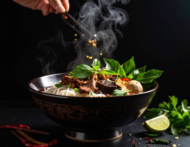 Taze malzemelerle dolu zengin Tayland teknesi eriştesi üretti. Süslü Tayland kâsesine düştü. Koyu aromatik et suyu çorbası, domuz kanı, pirinç, otantik sokak yemekleri.