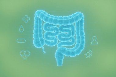 Yapay zeka, insan bağırsaklarının mavi ışıkta parlayan hologramını üretti. Yumuşak yeşil arka planda dijital tıbbi ikonlar, sağlık teknolojisini ve gelecekteki anatomiyi gösteriyor.