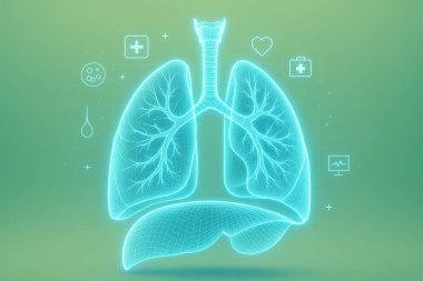Yapay zeka, parlak dijital akciğerler diyafram ve soluk borusu üretti. Yumuşak yeşil arka planda tıbbi ikonlar fütüristik sağlık anatomisi ve solunum sistemi teknolojisini gösteriyor.