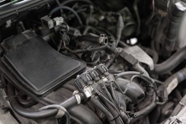 Araba tamircisi araba tamirhanesinde motor yağını boşaltıyor. Araba motorunun yağını değiştirmek için.