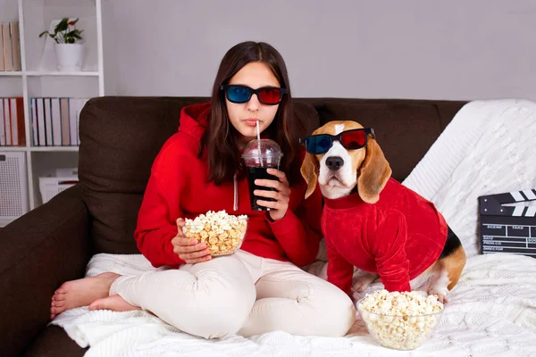 Üç boyutlu gözlüklü köpek köpeğiyle evde film izleyen genç bir kız. Bir genç elinde bardakla elinde patlamış mısır tutuyor..