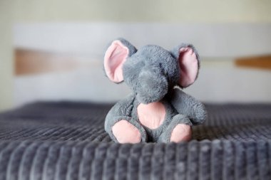 Gri bir yatak örtüsünün üzerinde oyuncak bir fil.. 