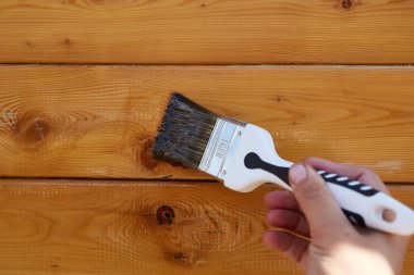 Bir el, ahşap lekeyle kaplı bir fırçayı dikkatle ahşap tahtaların pürüzsüz yüzeyine sürüp yenileme projesinde kullanıyor. Doğal ışık ahşabın dokusunu güçlendirir.. 