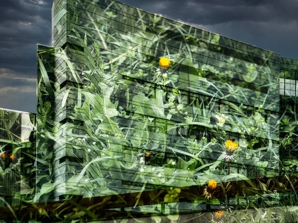 Wielokrotna Ekspozycja Niezwykły Widok Miasto Zielony Budynek Nowy Budynek Szkła — Zdjęcie stockowe
