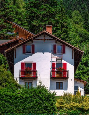 Alp İsviçre Köyü. Rahatlık ve sükunet. Güneşli bir yaz günü. Pencerelerde çiçekler var. Tahta kiremitler.
