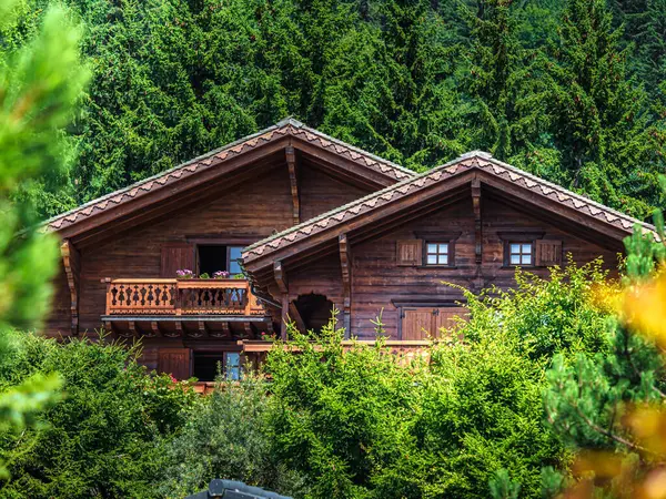 Satul Elvețian Alpin Confort Liniște Însorită Vară Flori Ferestre Cabane Imagini stoc fără drepturi de autor