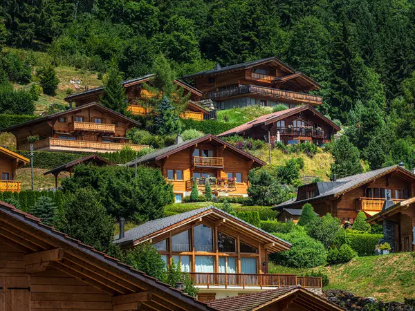 Satul Elvețian Alpin Confort Liniște Însorită Vară Flori Ferestre Cabane fotografii de stoc fără drepturi de autor