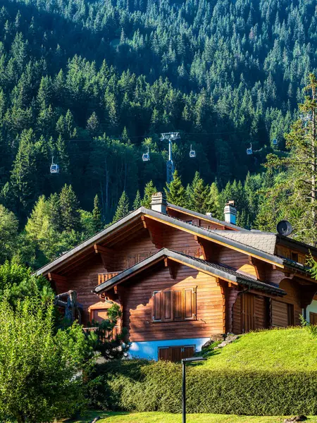 Satul Elvețian Alpin Confort Liniște Însorită Vară Flori Ferestre Cabane Fotografie de stoc