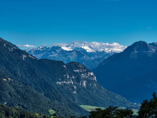 Alpine Swiss Village Comfort Tranquility Sunny Summer Day Flowers Windows lizenzfreie Stockfotos