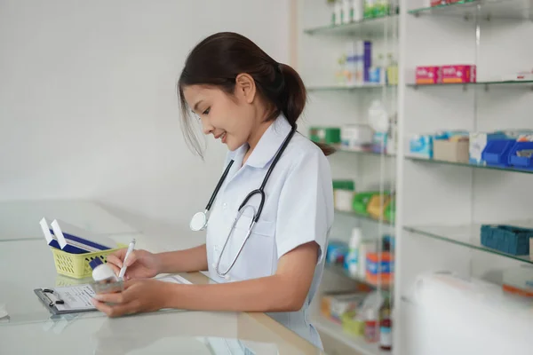 Medicine Health Concept Pharmacist Hold Pill Bottle Capsule Write Medicinal — Zdjęcie stockowe