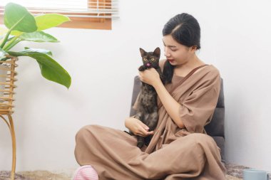 Evcil hayvan sevici kavramı, genç Asyalı kadın koltukta oturup kediyi kucağına alıp kucaklıyor..