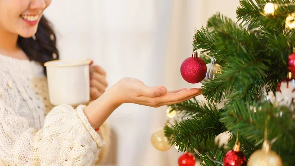 Christmas Concept Asian Woman Drinks Coffee Touching Red Ball Christmas — Stock Photo, Image