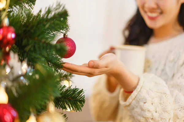 Christmas Concept Asian Woman Drinks Coffee Touching Red Ball Christmas — Stock Photo, Image