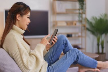 Rahatlatıcı zaman konsepti, kadınlar modern ev ofisteki akıllı telefondan online alışverişe kanepede oturur..