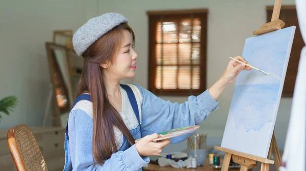Young Female Painter Creation Drawing Painting Art Masterpiece Canvas Home — Stock Photo, Image