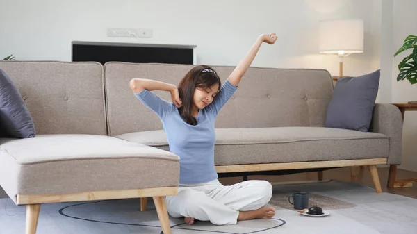 Work Home Concept Business Women Sit Floor Stretching Relax Working — Stockfoto