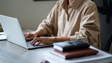 Başlangıçtaki projenin finansal verilerini yazmak için dizüstü bilgisayarla çalışan kadın girişimci.