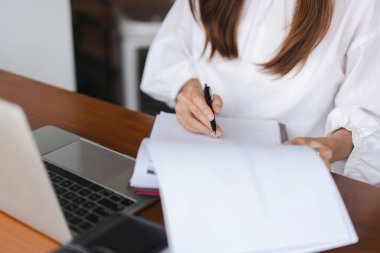 İş kadınları ofis dışında çalışırken dizüstü bilgisayarda veri okuyorlar ve finans belgelerini kontrol ediyorlar.