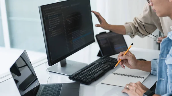 Two Developer Programmer Checking Code Writing Note While Programming Developing Stock Photo