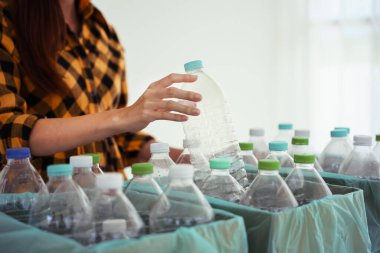 Kadınlar sürdürülebilir çevre için yeniden kullanım ve geri dönüşüm için plastik şişeyi karton kutuya koyuyorlar.