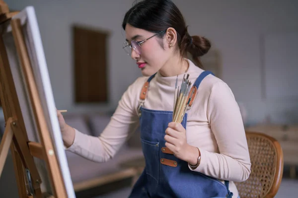 Young Asian Female Artist Hold Paintbrush Use Brush Drawing Painting — Stock Photo, Image