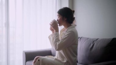 Genç bir Asyalı kadın evdeki modern oturma odasında kış sabahı kahvesini ya da çayını yudumluyor. Yüksek kalite 4k görüntü