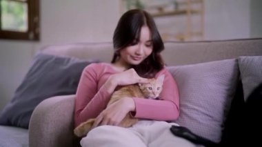 Asyalı bir kadın kediyi özel bir plastik kafes taşıyıcısının içinde tutuyor. Evcil hayvan konsepti olan kanepede mutlu bir duygu taşıyor. Yüksek kalite 4k görüntü