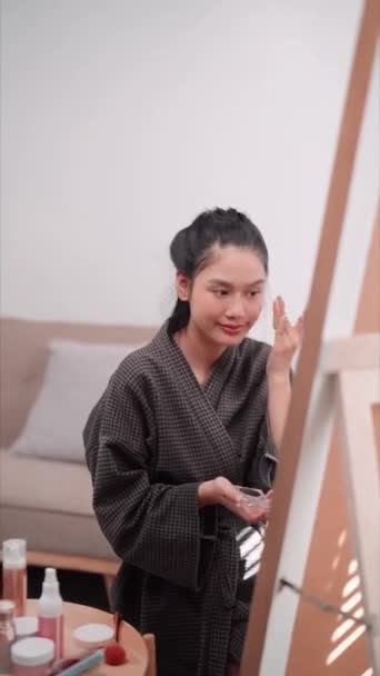 Asian Woman Applying Concealer Her Face Front Large Mirror Washing — Video Stock